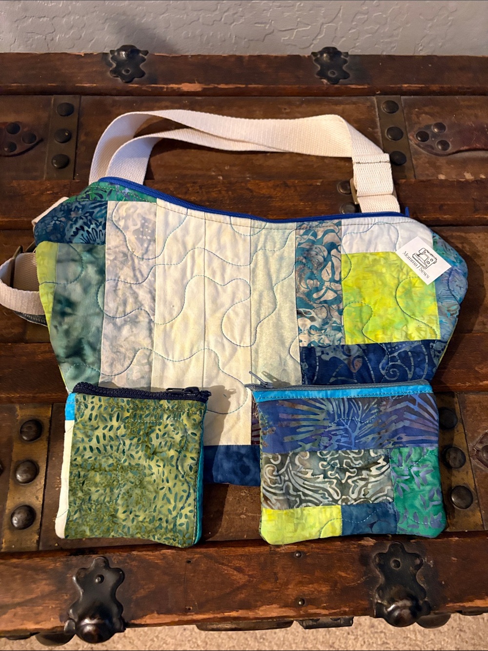 Handmade Patchwork Crossbody Bag with Two Coin Pouches - Blue & Green